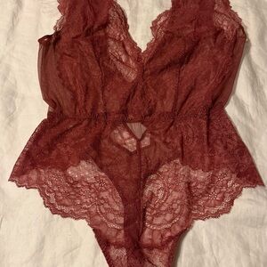 Sheer Lace Plunge Chemise in Burgundy